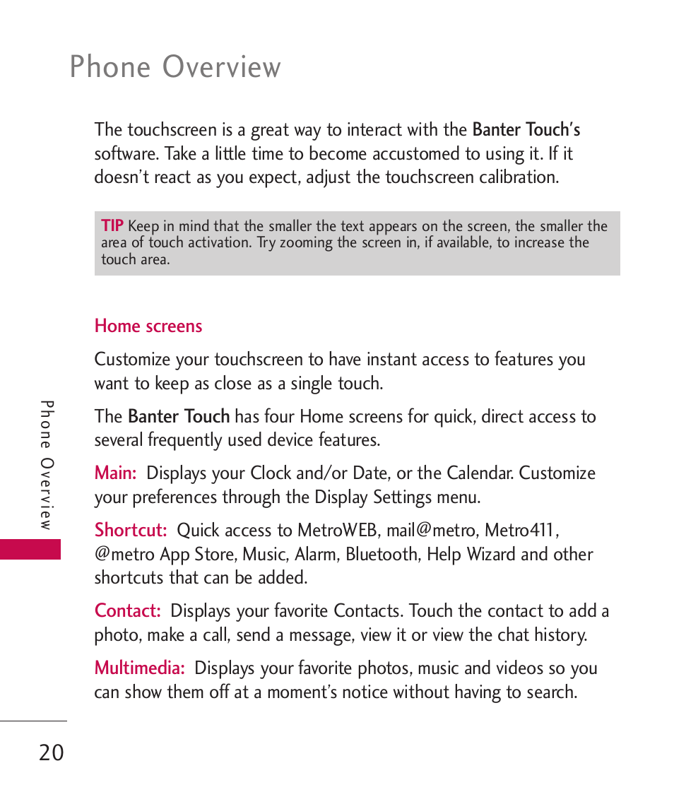 Phone overview | LG Banter Touch MMBB0393601 User Manual | Page 22 / 145