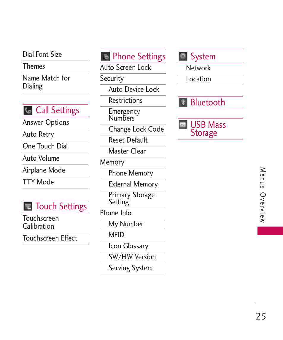 Call settings, Touch settings, Phone settings | System, Bluetooth usb mass storage 25 | LG Banter Touch MMBB0393601 User Manual | Page 27 / 145