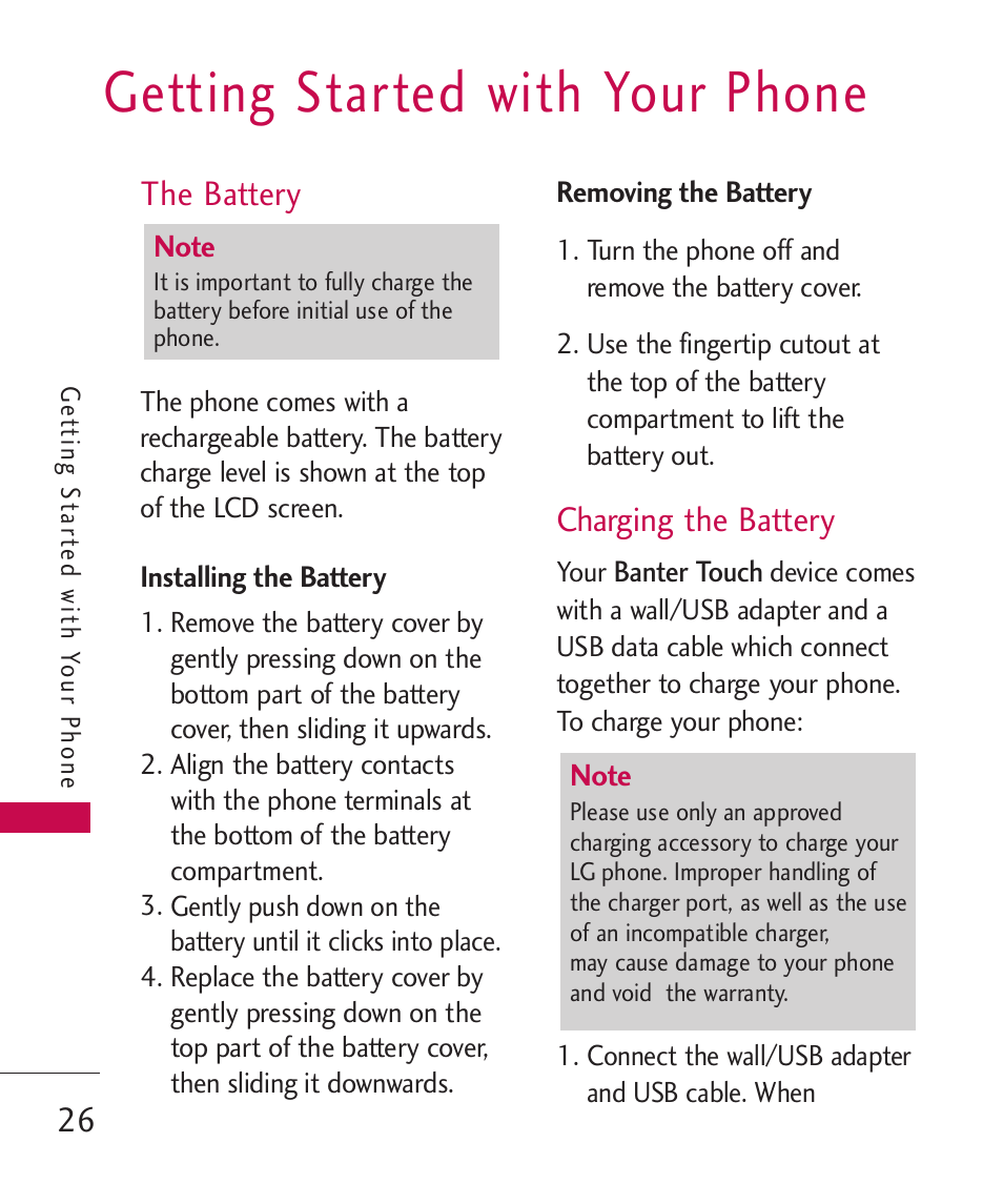 Getting started with your phone, The battery, Installing the battery | Removing the battery, Charging the battery | LG Banter Touch MMBB0393601 User Manual | Page 28 / 145