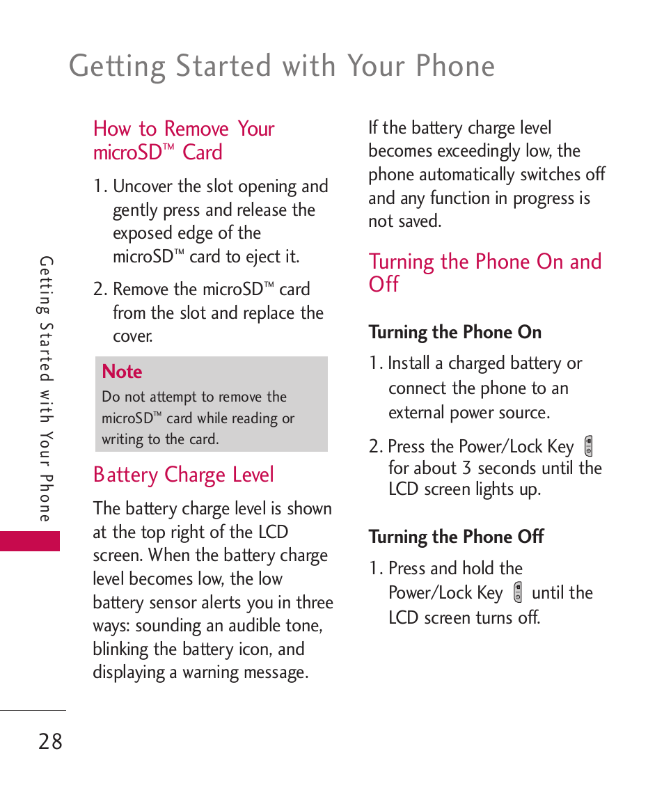 How to remove your microsd, Battery charge level, Turning the phone on and off | Turning the phone on, Turning the phone off, How to remove your microsd™ card, Getting started with your phone, Card | LG Banter Touch MMBB0393601 User Manual | Page 30 / 145