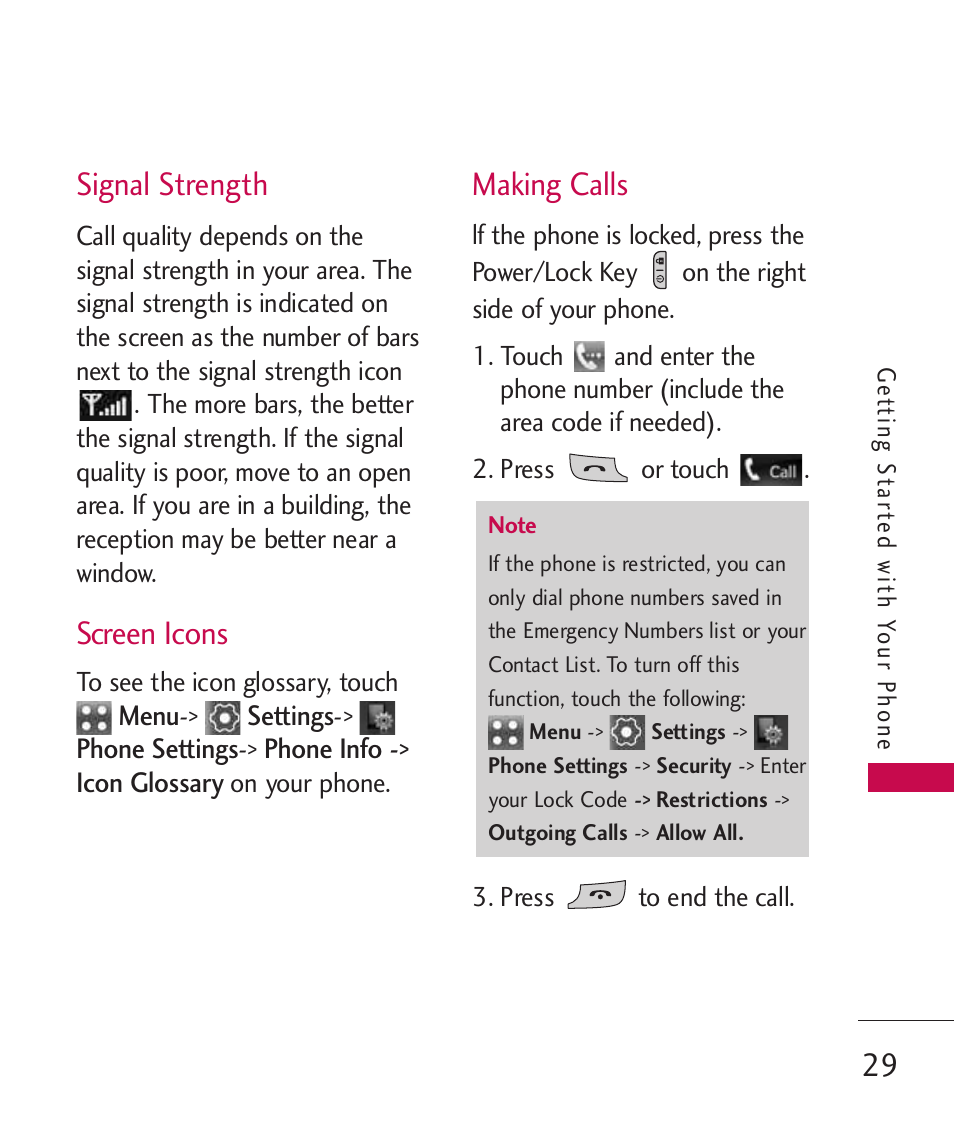 Signal strength, Screen icons, Making calls | LG Banter Touch MMBB0393601 User Manual | Page 31 / 145