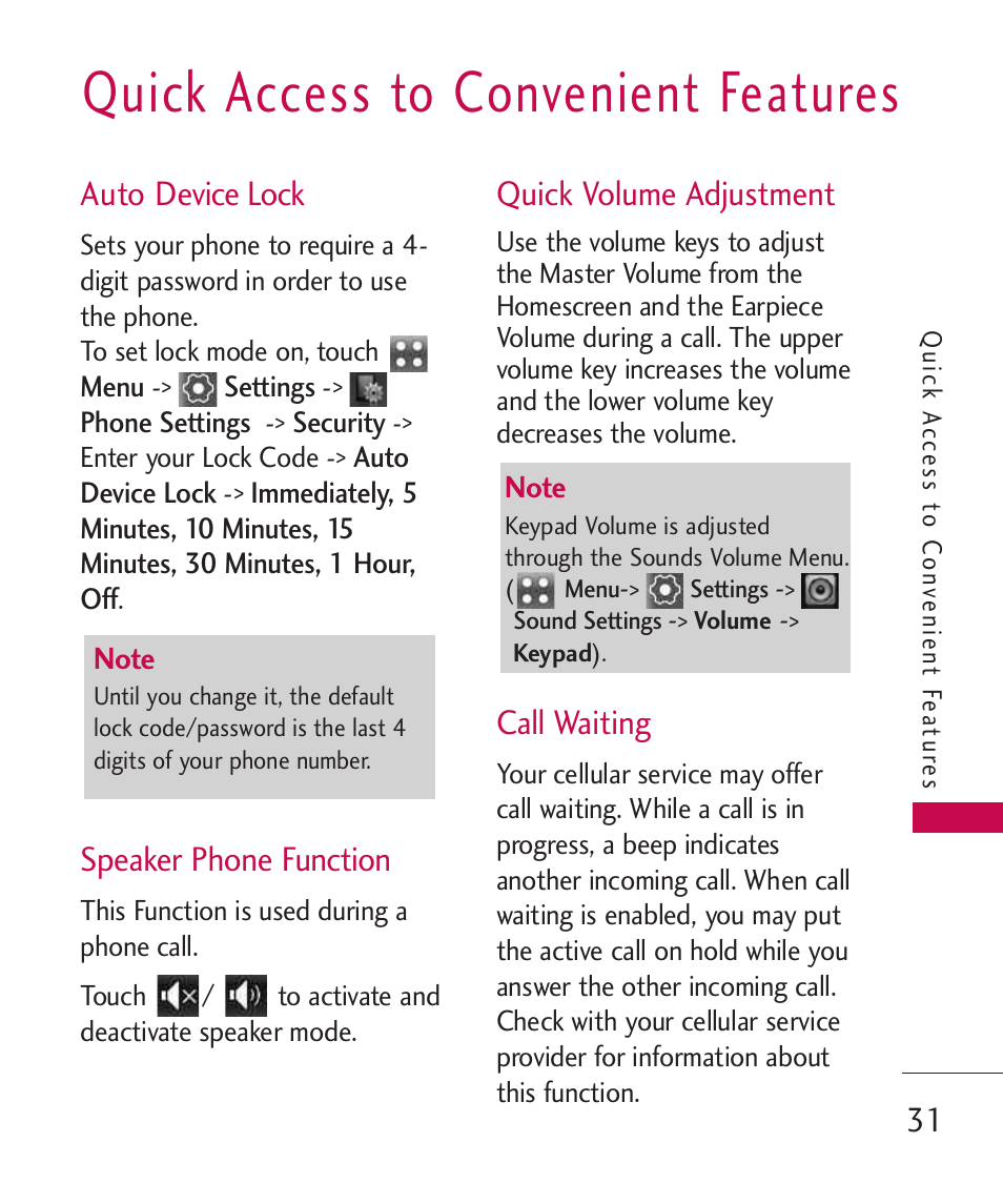 Quick access to convenient f, Auto device lock, Speaker phone function | Quick volume adjustment, Call waiting, Quick access to convenient features | LG Banter Touch MMBB0393601 User Manual | Page 33 / 145