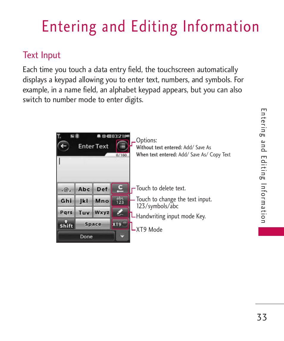 Entering and editing informa, Text input, Entering and editing information | LG Banter Touch MMBB0393601 User Manual | Page 35 / 145