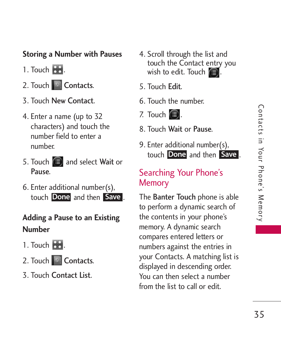 Storing a number with pauses, Adding a pause to an existin, Searching your phone’s memory | Adding a pause to an existing number, Searching your phone’s memory 35 | LG Banter Touch MMBB0393601 User Manual | Page 37 / 145