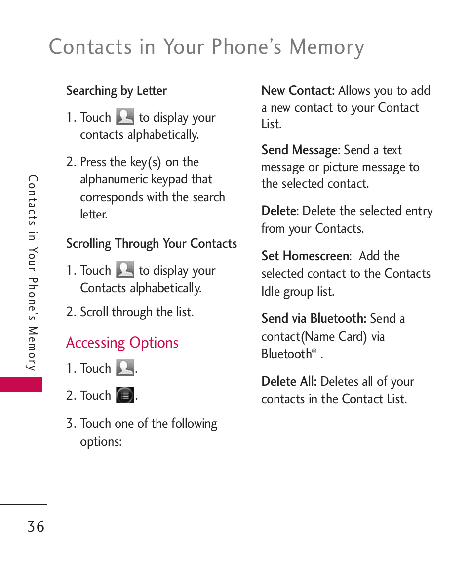 Accessing options | LG Banter Touch MMBB0393601 User Manual | Page 38 / 145