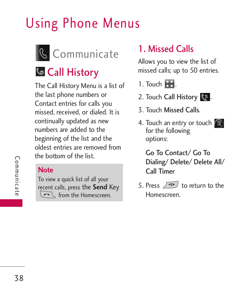 Using phone menus, Call history, Missed calls | Communicate | LG Banter Touch MMBB0393601 User Manual | Page 40 / 145
