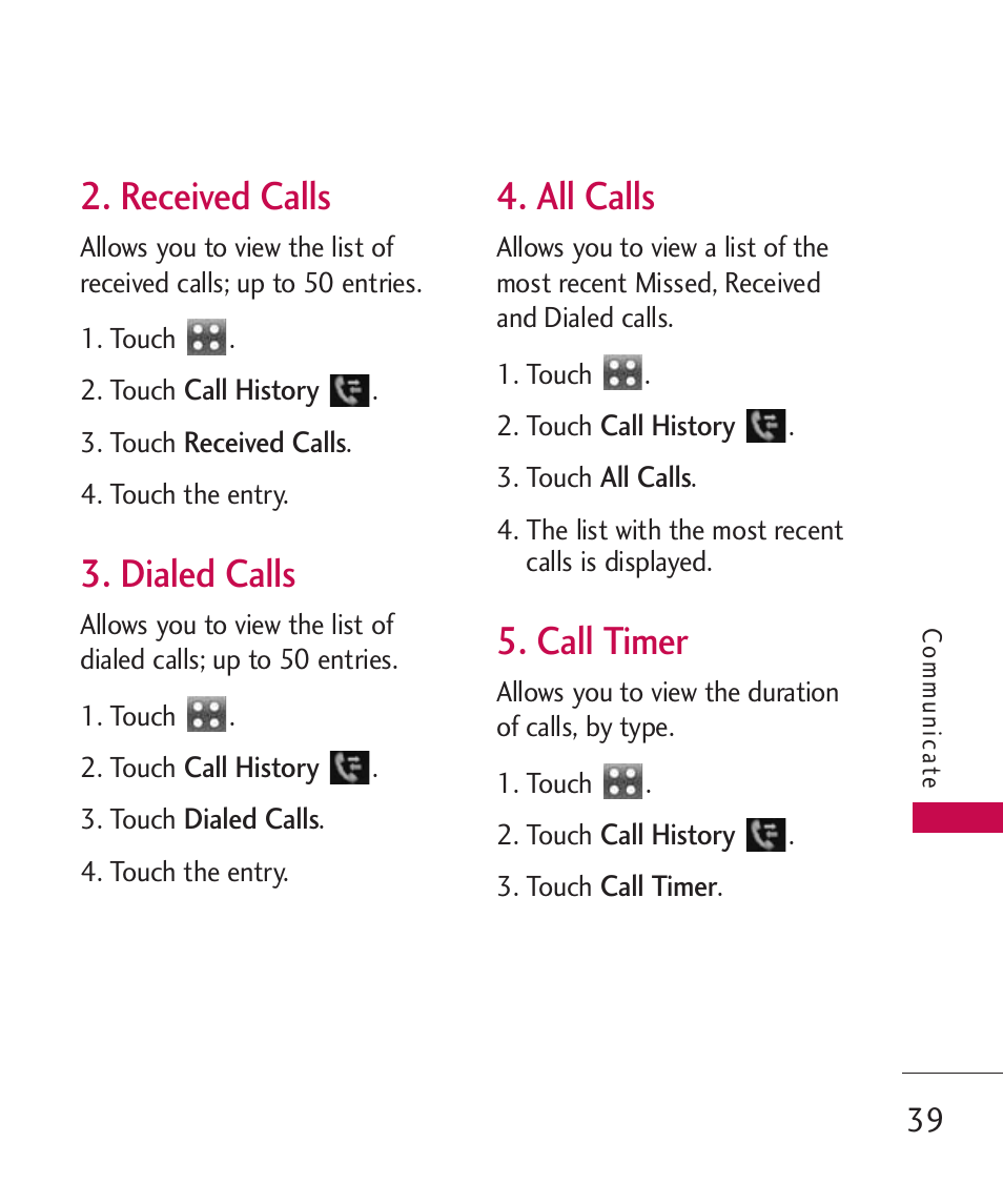 Received calls, Dialed calls, All calls | Call timer | LG Banter Touch MMBB0393601 User Manual | Page 41 / 145