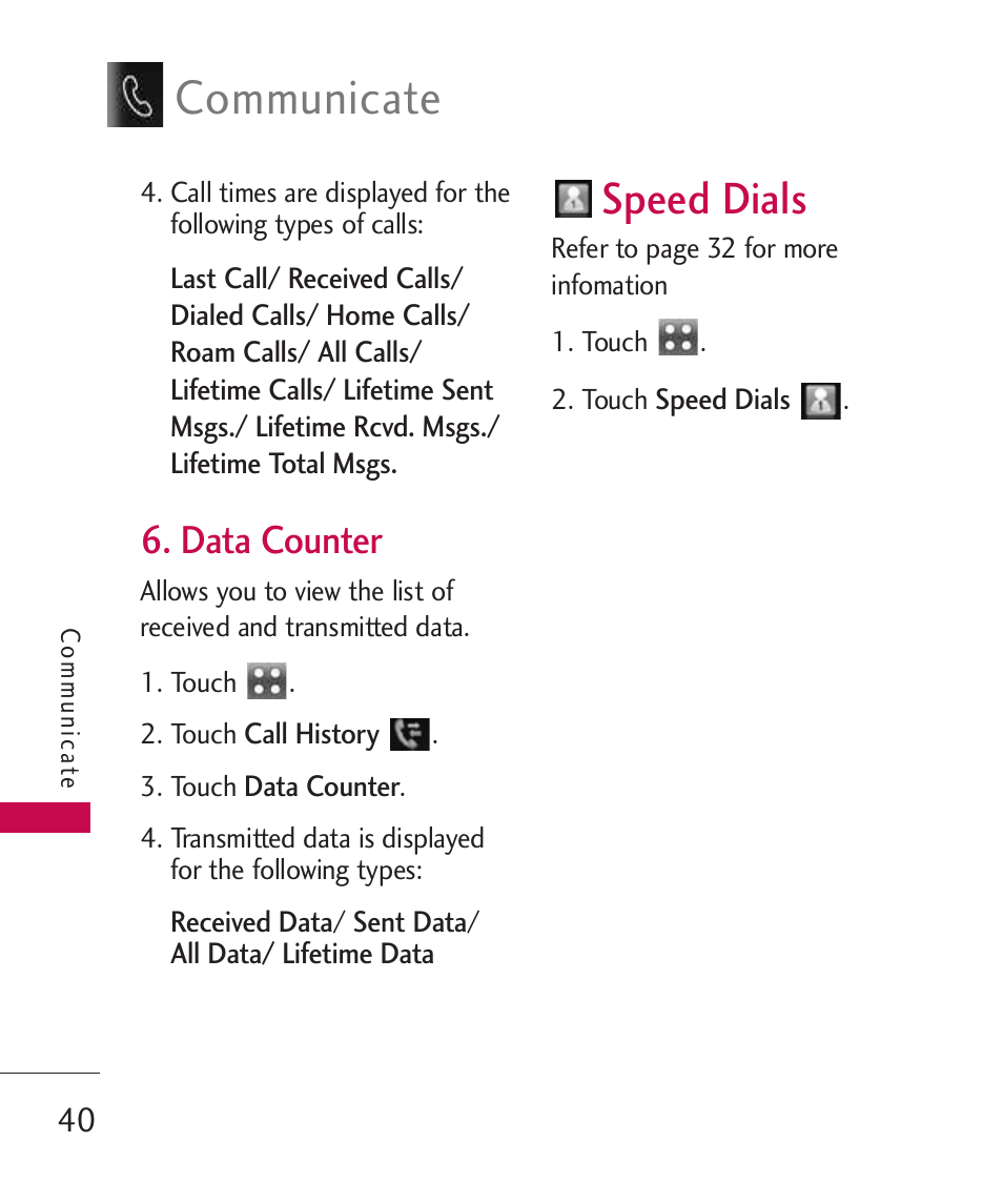 Data counter, Speed dials, Communicate | LG Banter Touch MMBB0393601 User Manual | Page 42 / 145