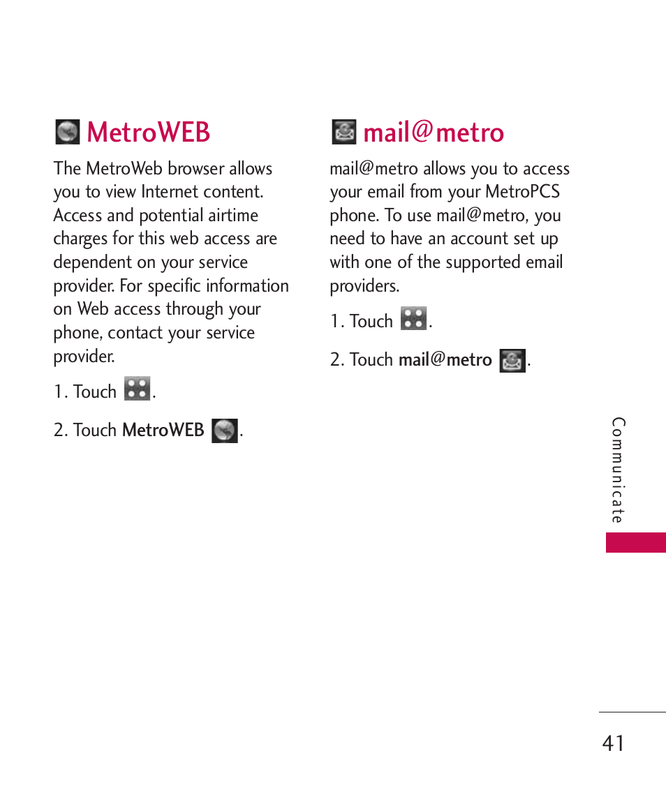 Metroweb, Mail@metro | LG Banter Touch MMBB0393601 User Manual | Page 43 / 145
