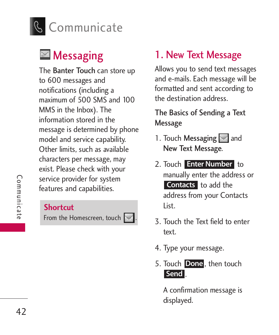 Messaging, New text message, Communicate | LG Banter Touch MMBB0393601 User Manual | Page 44 / 145