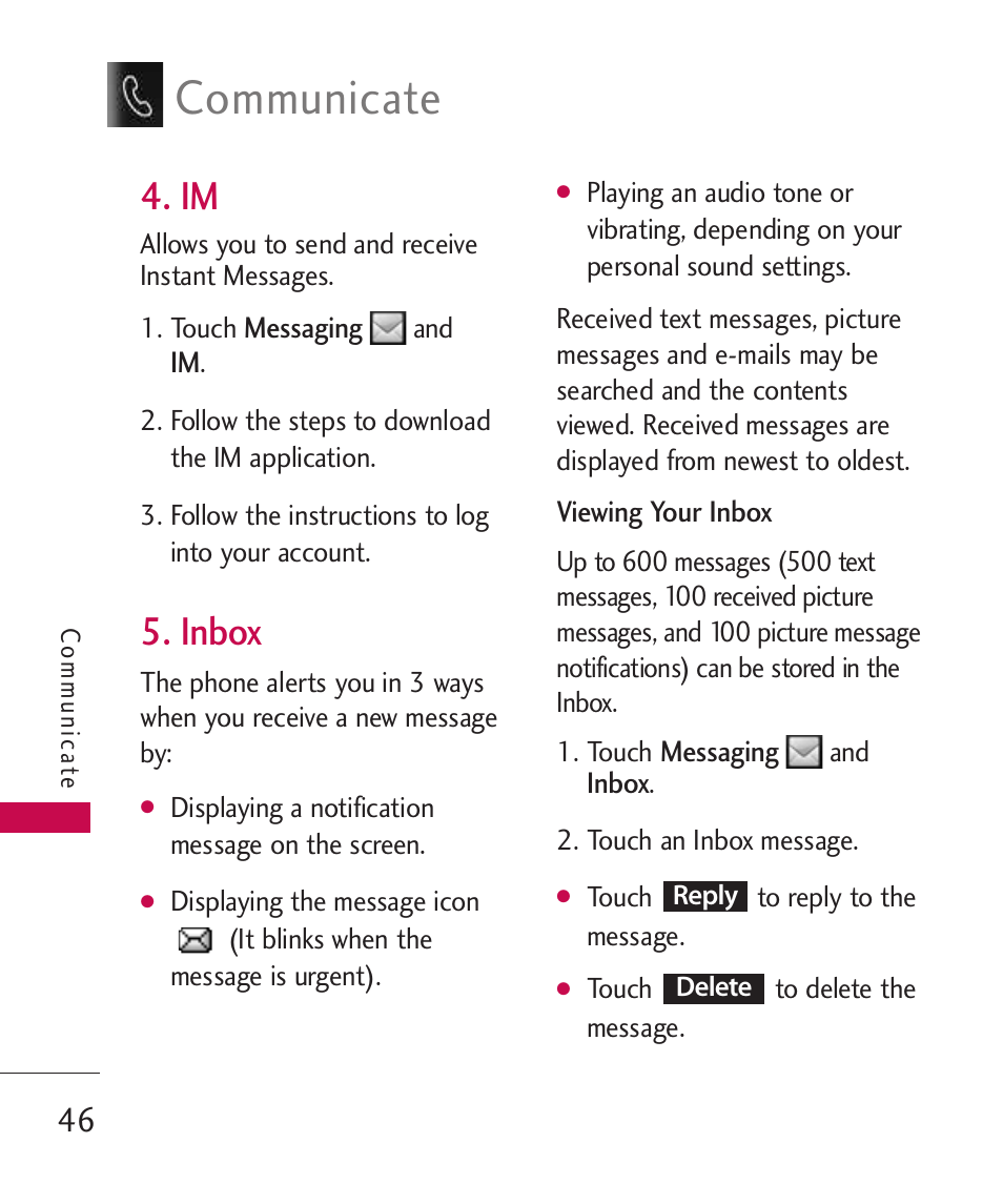 Inbox, Communicate | LG Banter Touch MMBB0393601 User Manual | Page 48 / 145