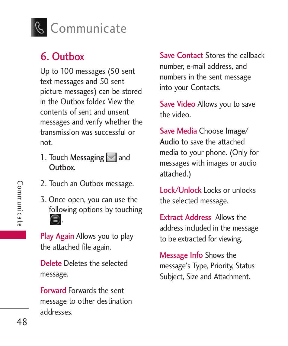Outbox, Communicate | LG Banter Touch MMBB0393601 User Manual | Page 50 / 145