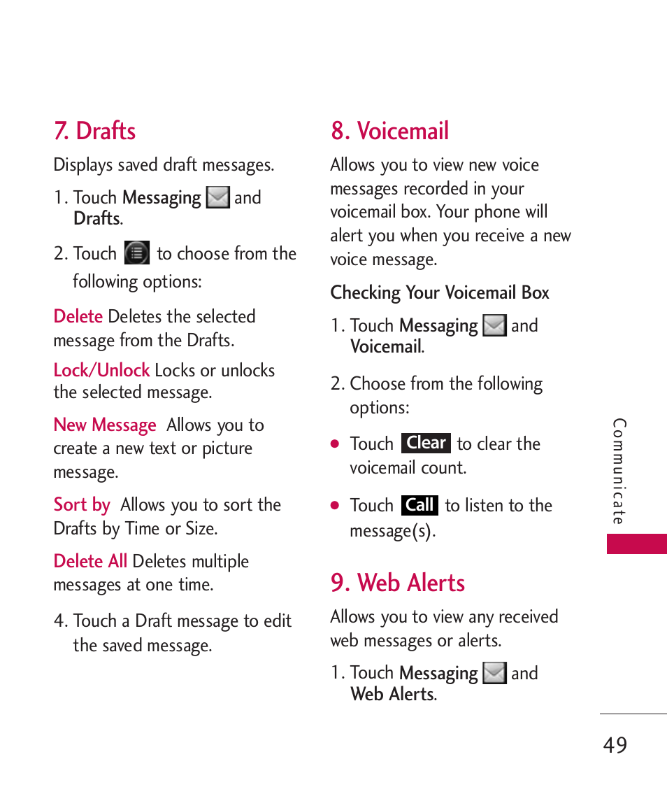 Drafts, Voicemail, Web alerts | LG Banter Touch MMBB0393601 User Manual | Page 51 / 145