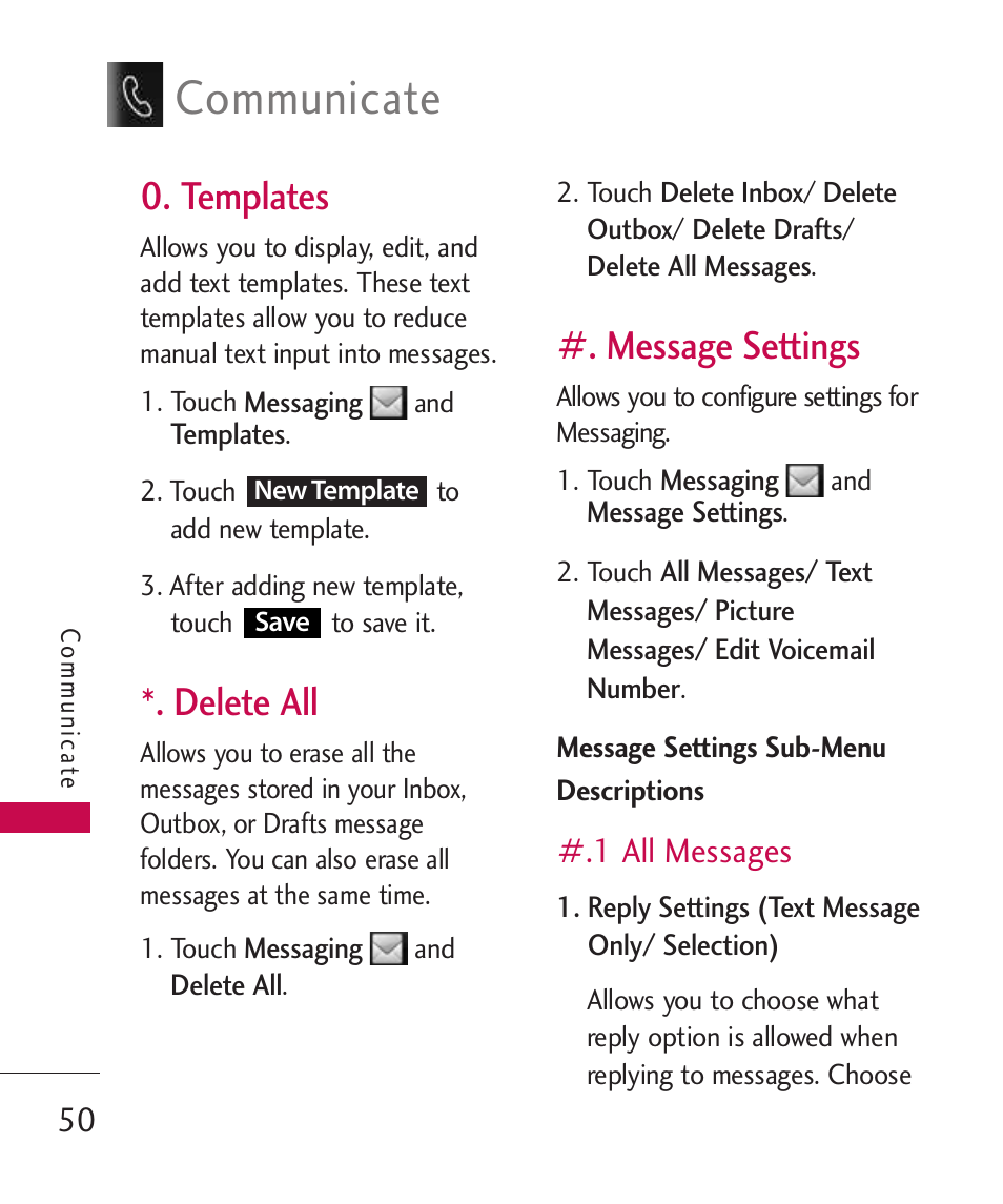 Templates, Delete all, Message settings | 1 all messages, Communicate | LG Banter Touch MMBB0393601 User Manual | Page 52 / 145