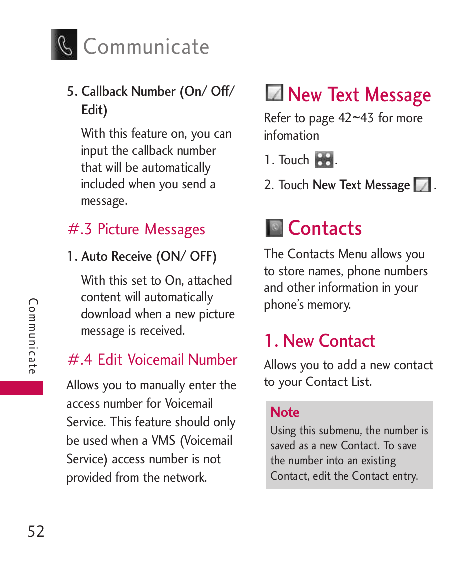 3 picture messages, 4 edit voicemail number, New text message | Contacts, New contact, Communicate | LG Banter Touch MMBB0393601 User Manual | Page 54 / 145
