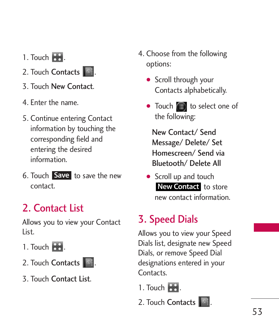 Contact list, Speed dials | LG Banter Touch MMBB0393601 User Manual | Page 55 / 145