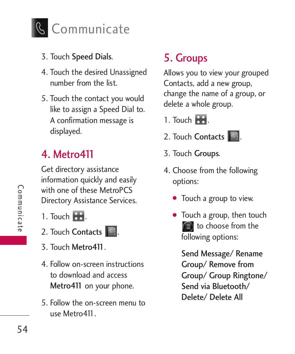 Metro411, Groups, Communicate | LG Banter Touch MMBB0393601 User Manual | Page 56 / 145