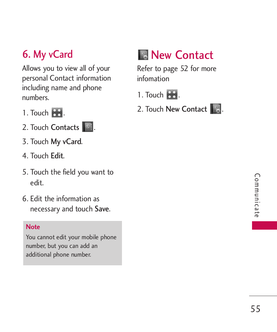 My vcard, New contact | LG Banter Touch MMBB0393601 User Manual | Page 57 / 145
