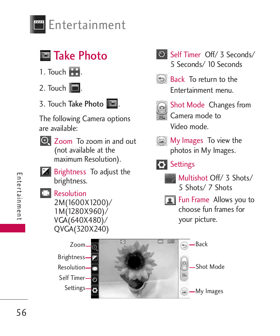 Take photo, Entertainment | LG Banter Touch MMBB0393601 User Manual | Page 58 / 145