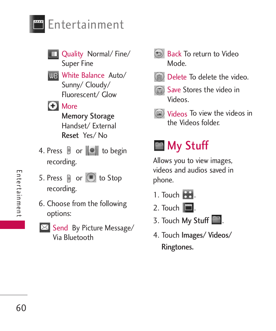 My stuff, Entertainment | LG Banter Touch MMBB0393601 User Manual | Page 62 / 145