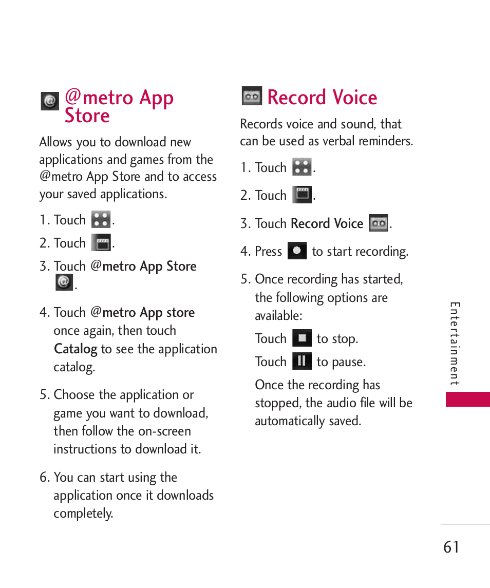 Metro app store, Record voice | LG Banter Touch MMBB0393601 User Manual | Page 63 / 145