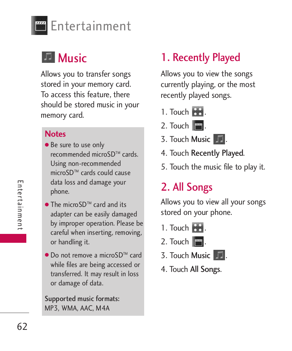 Music, Recently played, All songs | Entertainment | LG Banter Touch MMBB0393601 User Manual | Page 64 / 145