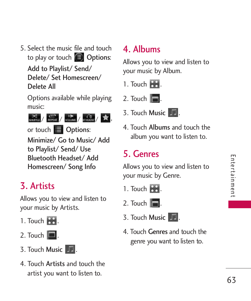 Artists, Albums, Genres | LG Banter Touch MMBB0393601 User Manual | Page 65 / 145
