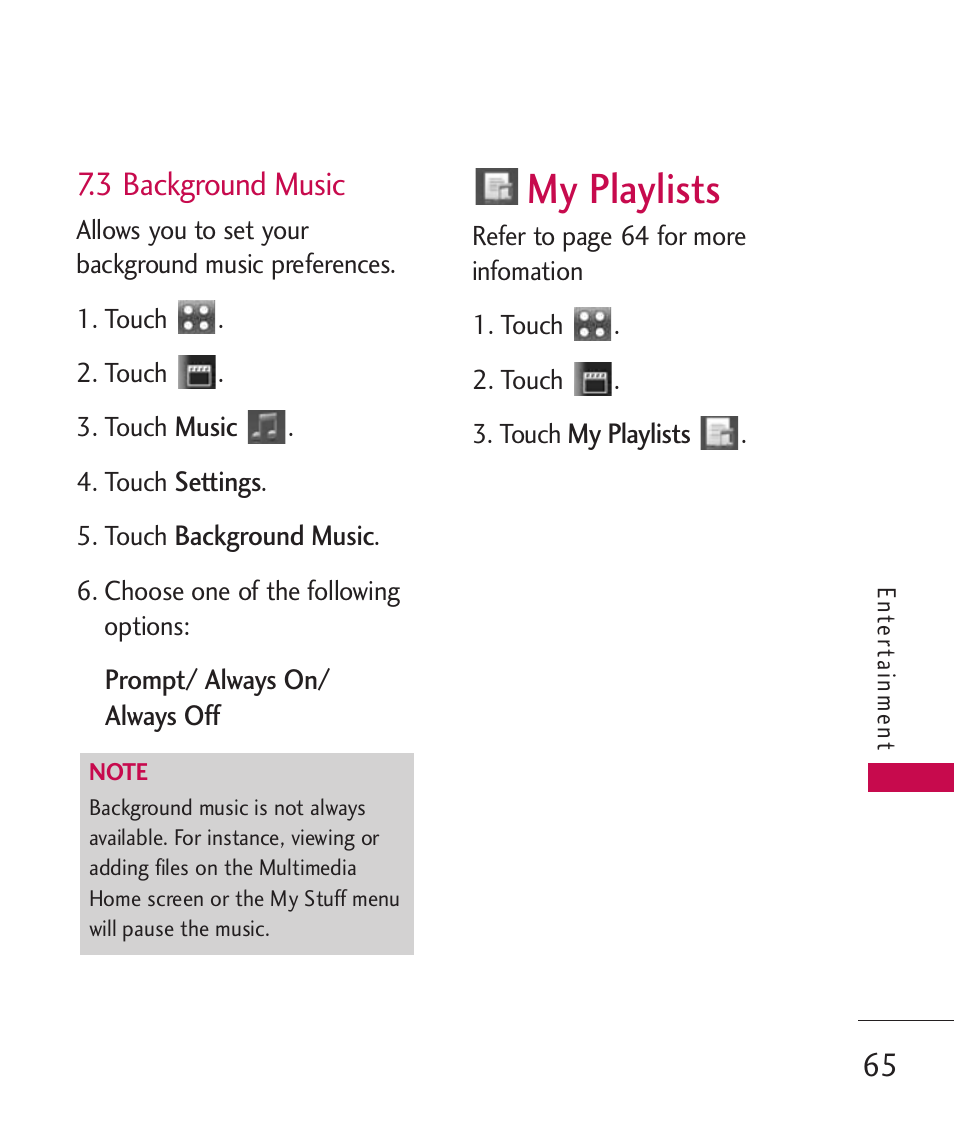 3 background music, My playlists | LG Banter Touch MMBB0393601 User Manual | Page 67 / 145