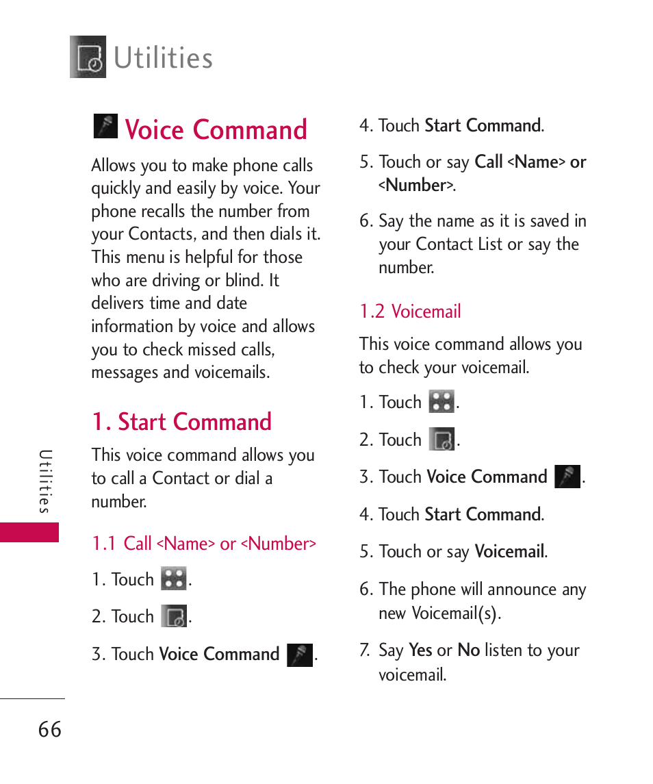 Voice command, Start command, 1 call <name> or <number | 2 voicemail, Utilities | LG Banter Touch MMBB0393601 User Manual | Page 68 / 145