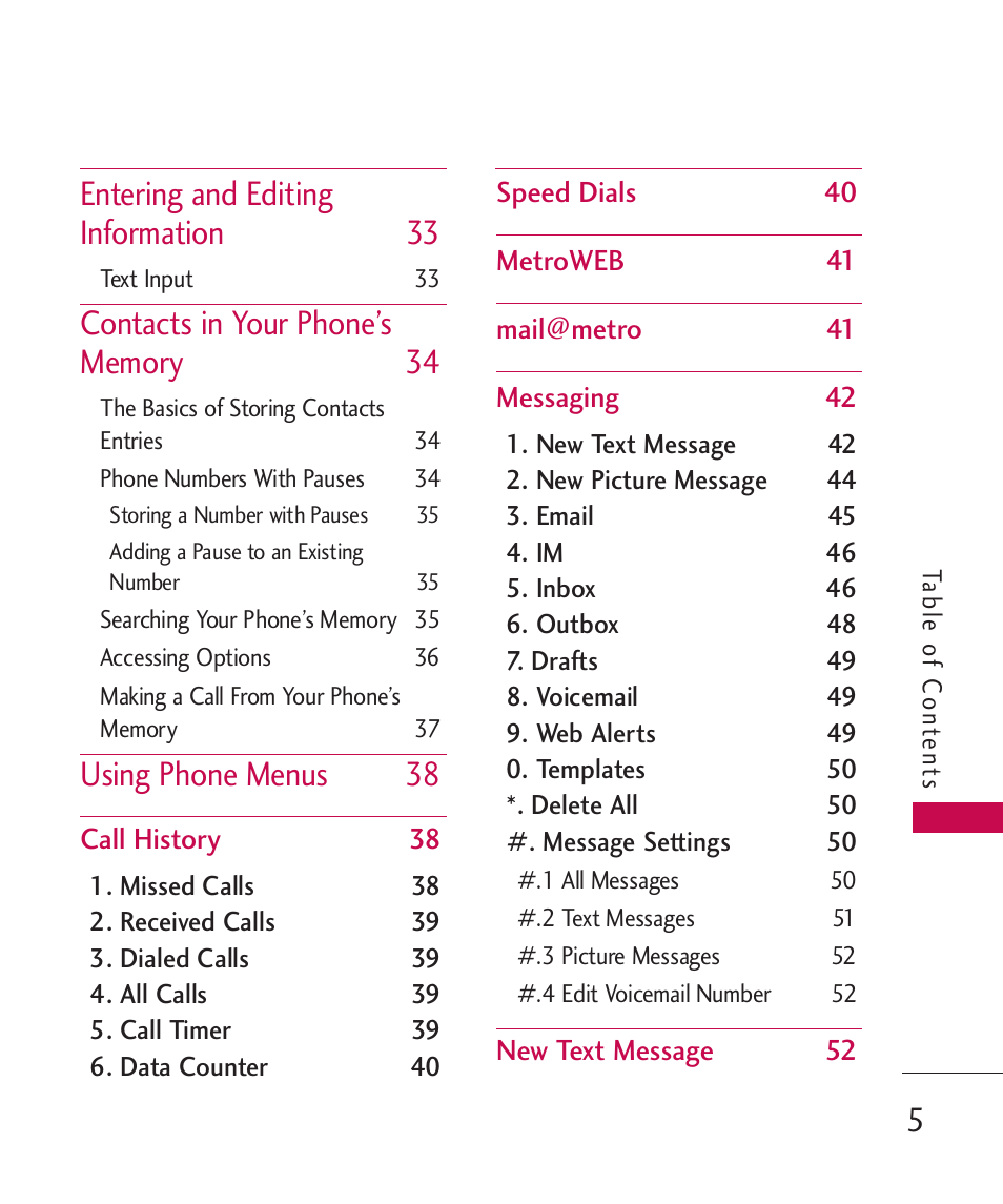 Entering and editing information 33, Using phone menus 38 | LG Banter Touch MMBB0393601 User Manual | Page 7 / 145