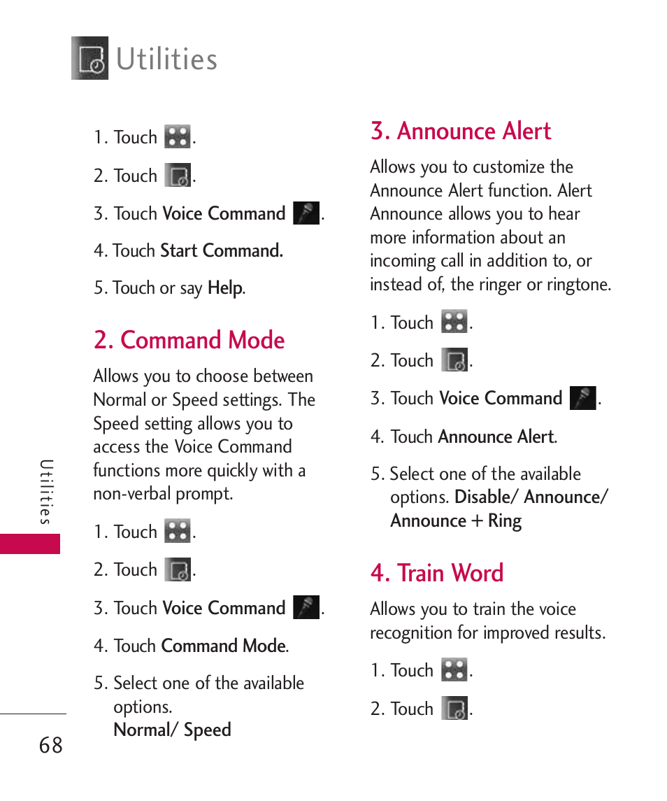 Command mode, Announce alert, Train word | Utilities | LG Banter Touch MMBB0393601 User Manual | Page 70 / 145