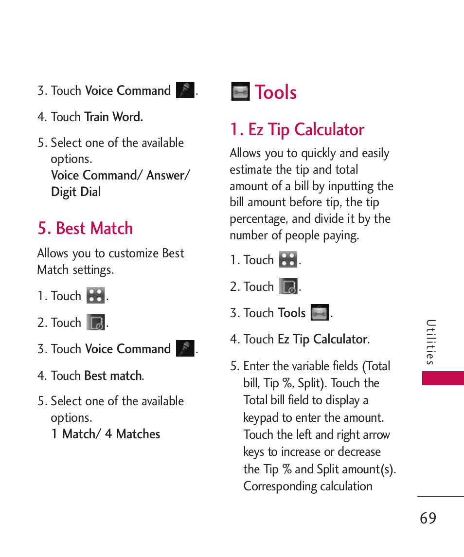 Best match, Tools, Ez tip calculator | LG Banter Touch MMBB0393601 User Manual | Page 71 / 145