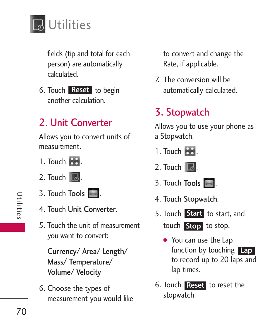 Unit converter, Stopwatch, Utilities | LG Banter Touch MMBB0393601 User Manual | Page 72 / 145