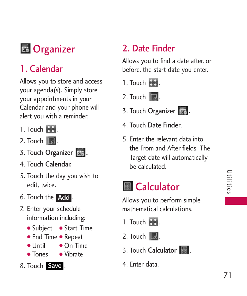 Organizer, Calendar, Date finder | Calculator | LG Banter Touch MMBB0393601 User Manual | Page 73 / 145