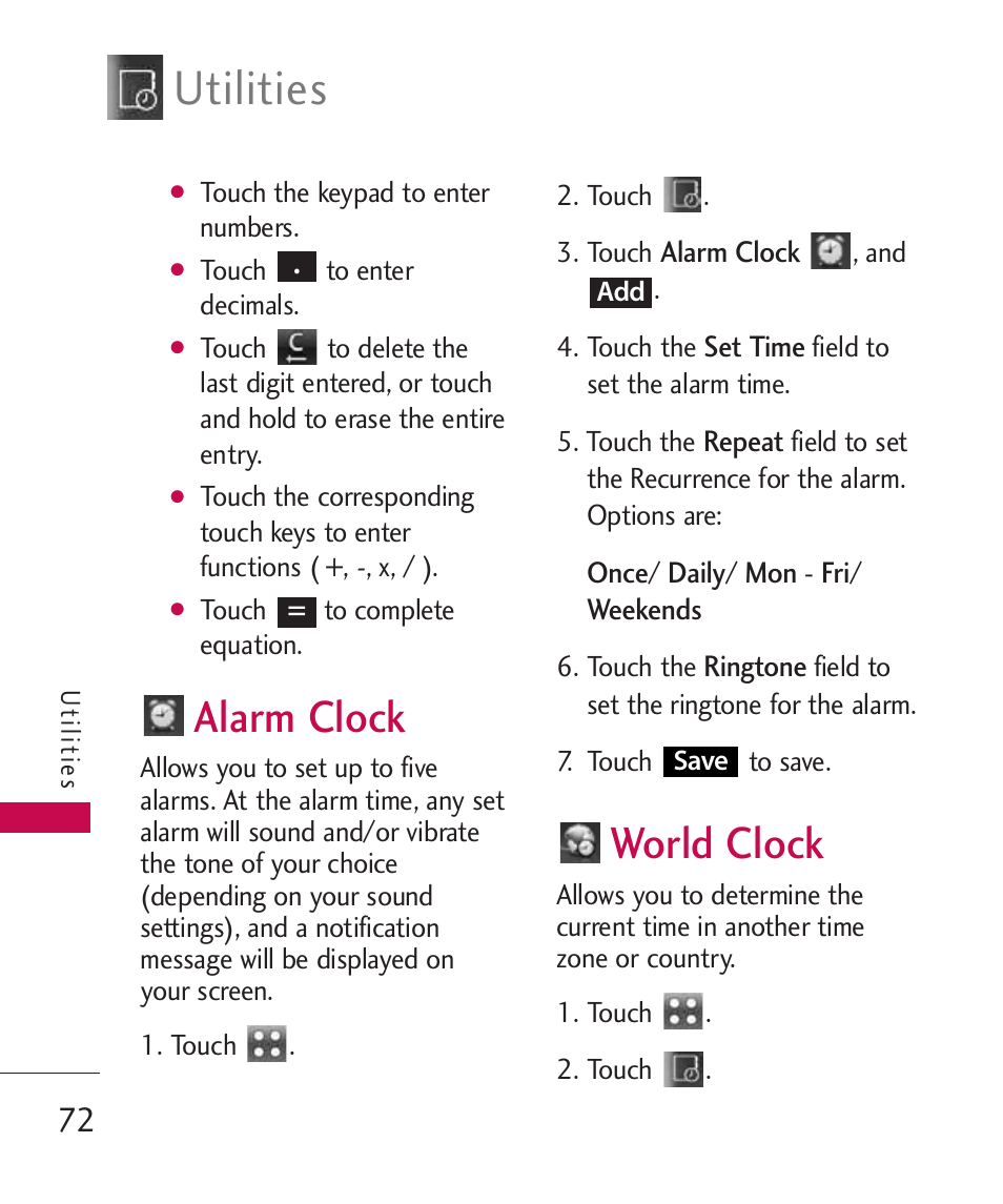 Alarm clock, World clock, Utilities | LG Banter Touch MMBB0393601 User Manual | Page 74 / 145