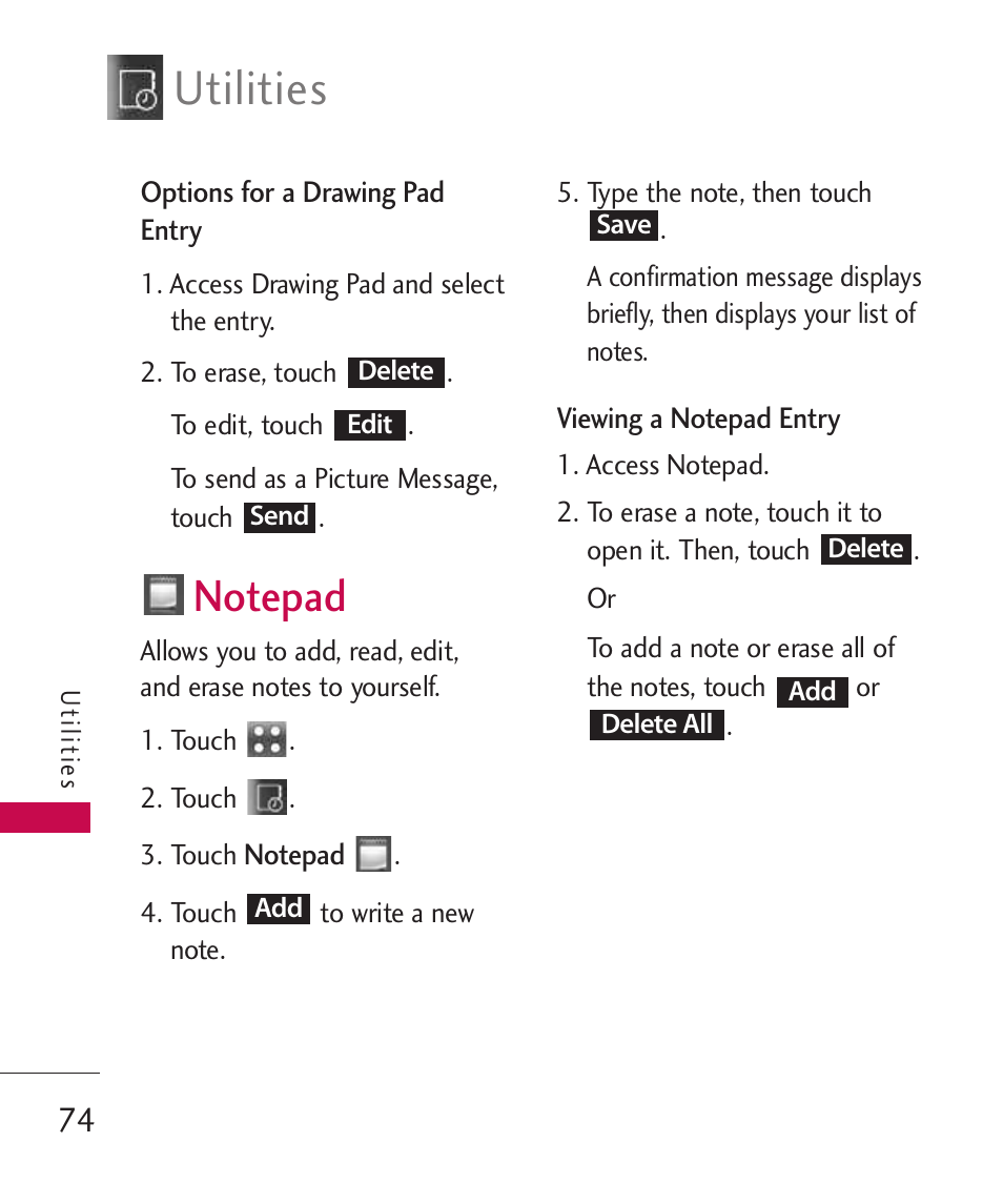 Notepad, Utilities | LG Banter Touch MMBB0393601 User Manual | Page 76 / 145