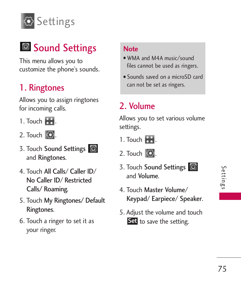Sound settings, Ringtones, Volume | Settings | LG Banter Touch MMBB0393601 User Manual | Page 77 / 145
