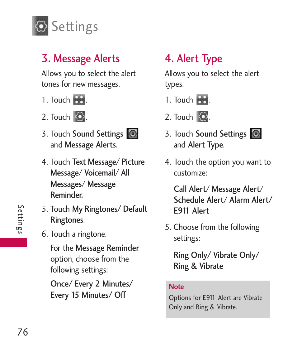 Message alerts, Alert type, Settings | LG Banter Touch MMBB0393601 User Manual | Page 78 / 145