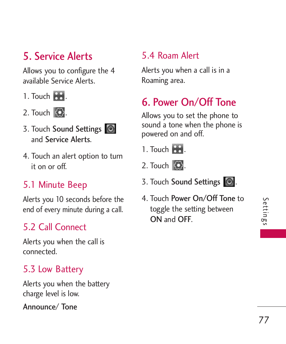 Service alerts, 1 minute beep, 2 call connect | 3 low battery, 4 roam alert, Power on/off tone | LG Banter Touch MMBB0393601 User Manual | Page 79 / 145