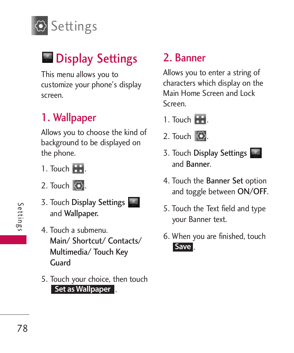 Display settings, Wallpaper, Banner | Settings | LG Banter Touch MMBB0393601 User Manual | Page 80 / 145
