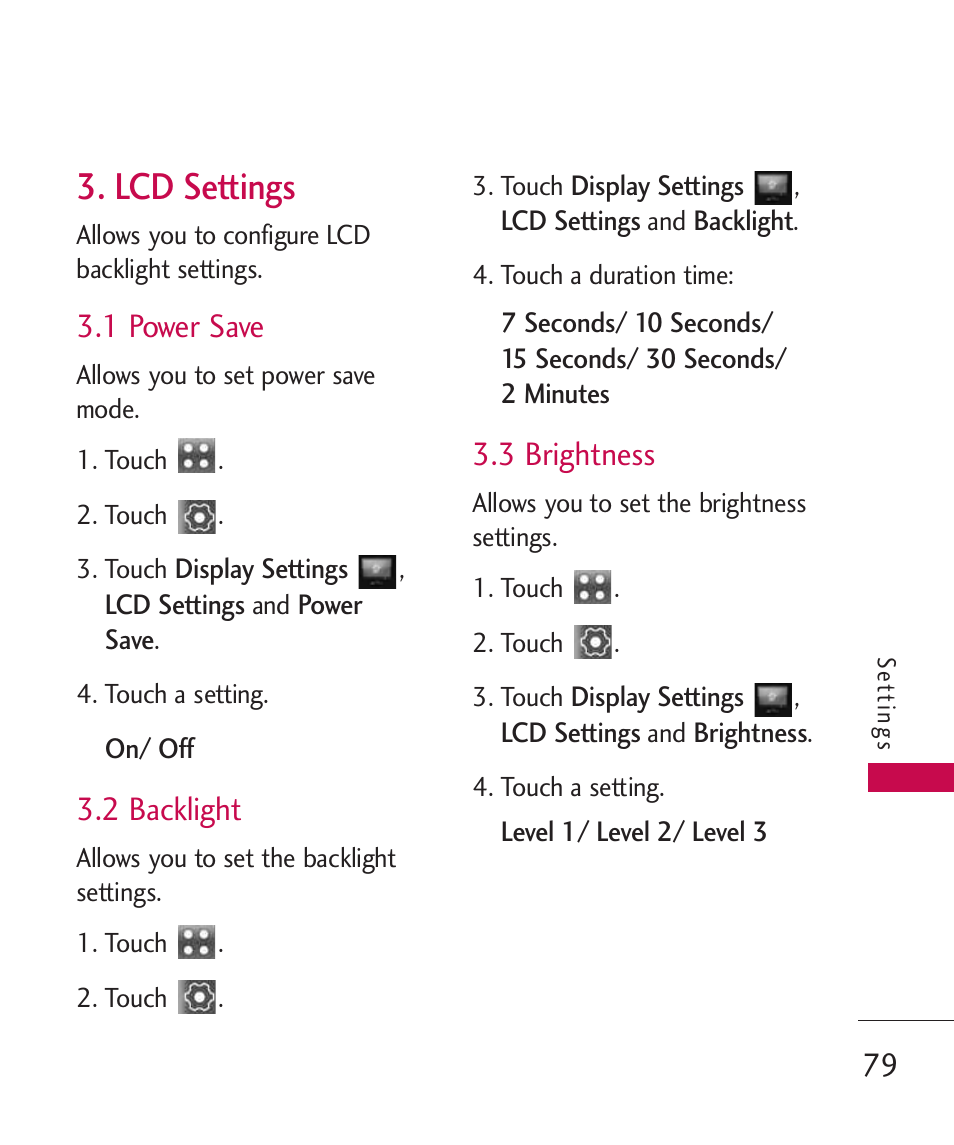 Lcd settings, 1 power save, 2 backlight | 3 brightness | LG Banter Touch MMBB0393601 User Manual | Page 81 / 145