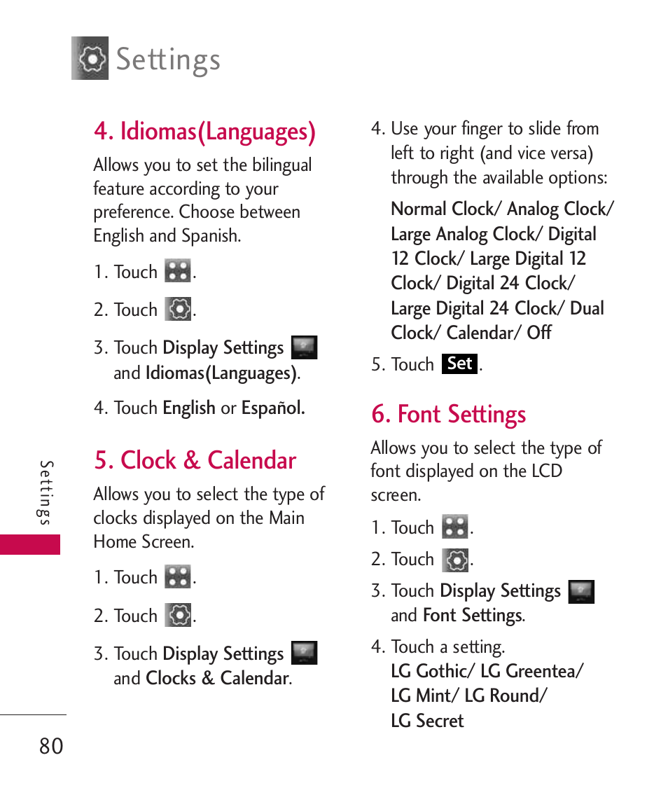 Idiomas(languages), Clock & calendar, Font settings | Settings | LG Banter Touch MMBB0393601 User Manual | Page 82 / 145