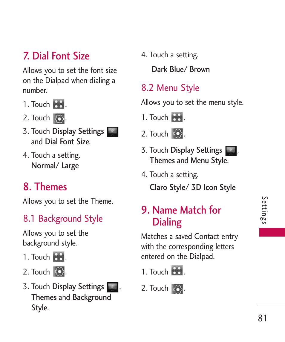 Dial font size, Themes, 1 background style | 2 menu style, Name match for dialing | LG Banter Touch MMBB0393601 User Manual | Page 83 / 145