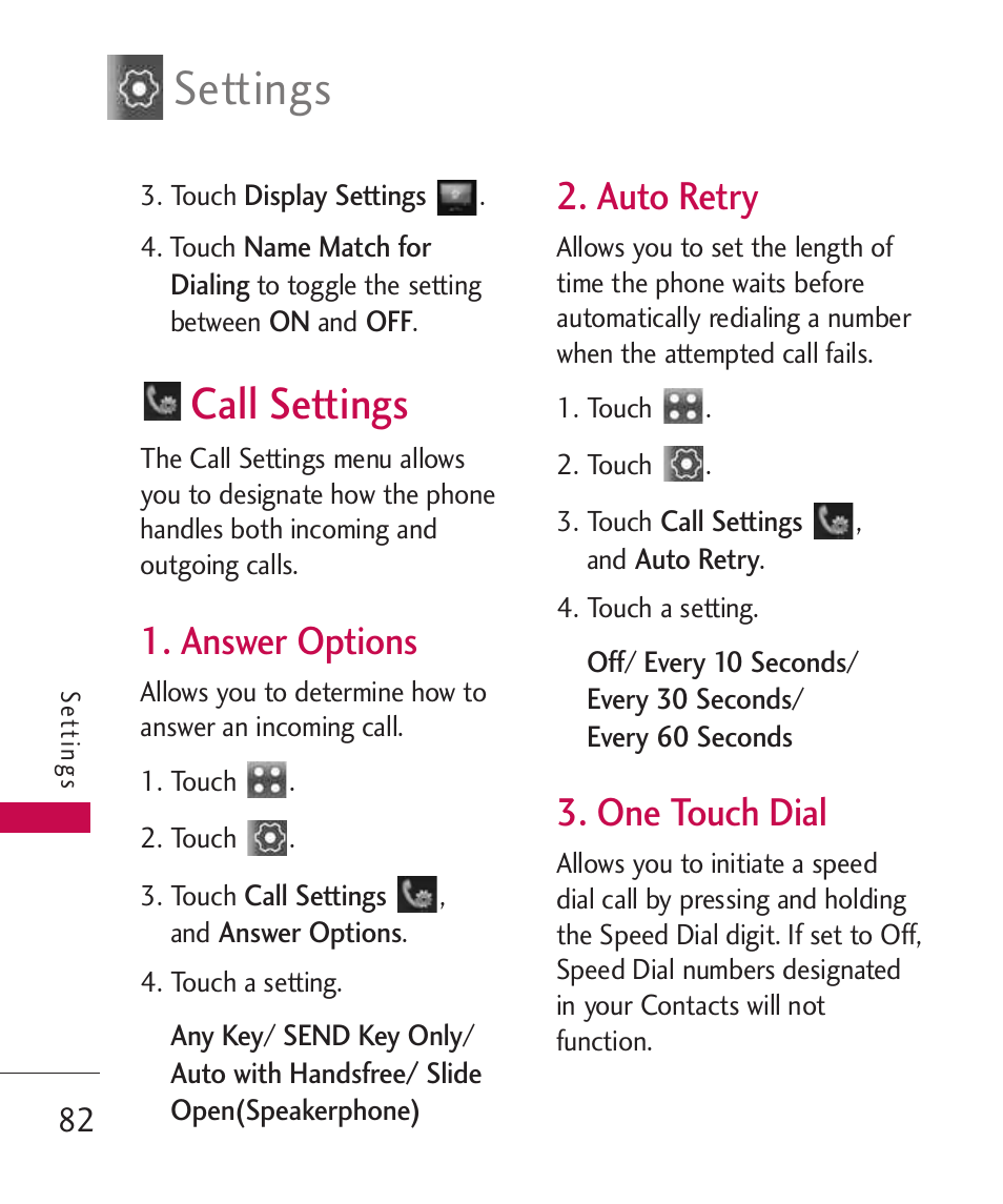 Call settings, Answer options, Auto retry | One touch dial, Settings | LG Banter Touch MMBB0393601 User Manual | Page 84 / 145