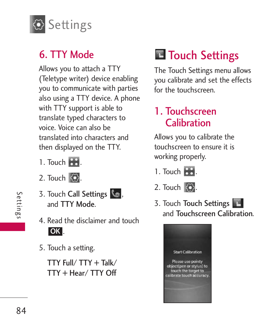 Tty mode, Touch settings, Touchscreen calibration | Touchscreen calibration 84, Settings | LG Banter Touch MMBB0393601 User Manual | Page 86 / 145