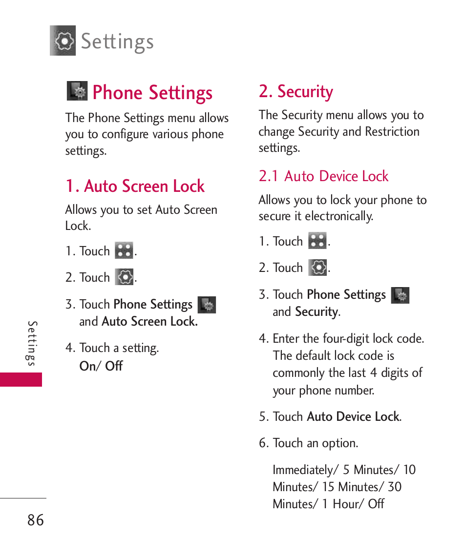 Phone settings, Auto screen lock, Security | 1 auto device lock, Settings | LG Banter Touch MMBB0393601 User Manual | Page 88 / 145
