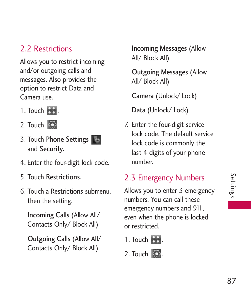 2 restrictions, 3 emergency numbers | LG Banter Touch MMBB0393601 User Manual | Page 89 / 145