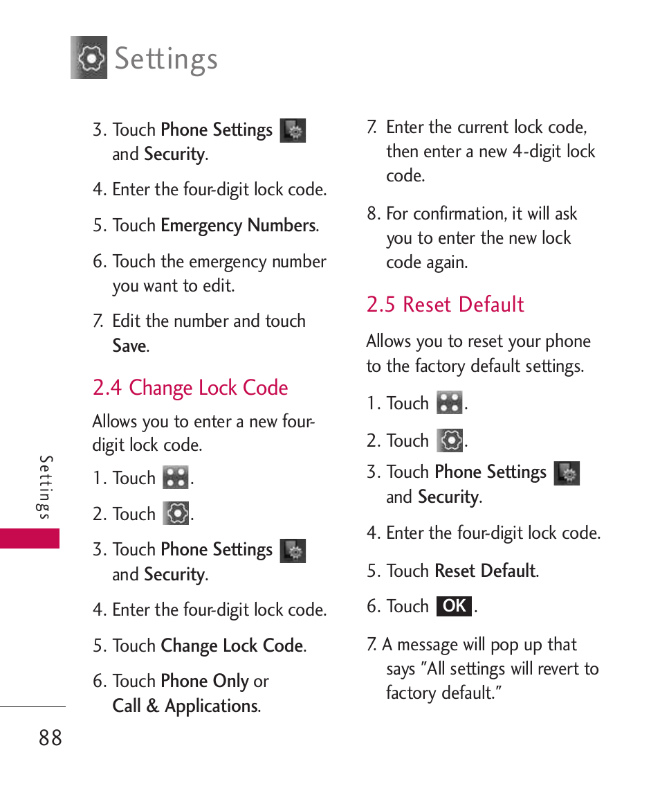 4 change lock code, 5 reset default, Settings | LG Banter Touch MMBB0393601 User Manual | Page 90 / 145