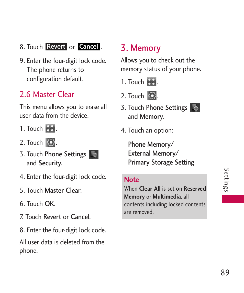 6 master clear, Memory | LG Banter Touch MMBB0393601 User Manual | Page 91 / 145