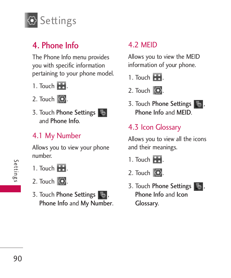 Phone info, 1 my number, 2 meid | 3 icon glossary, Settings | LG Banter Touch MMBB0393601 User Manual | Page 92 / 145